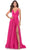 La Femme 31121 - Deep V-Neck Satin Prom Gown Special Occasion Dress 00 / Neon Pink