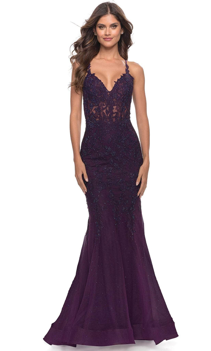 La Femme 31344 - Sheer Lace Applique Long Dress Special Occasion Dress 00 / Dark Berry