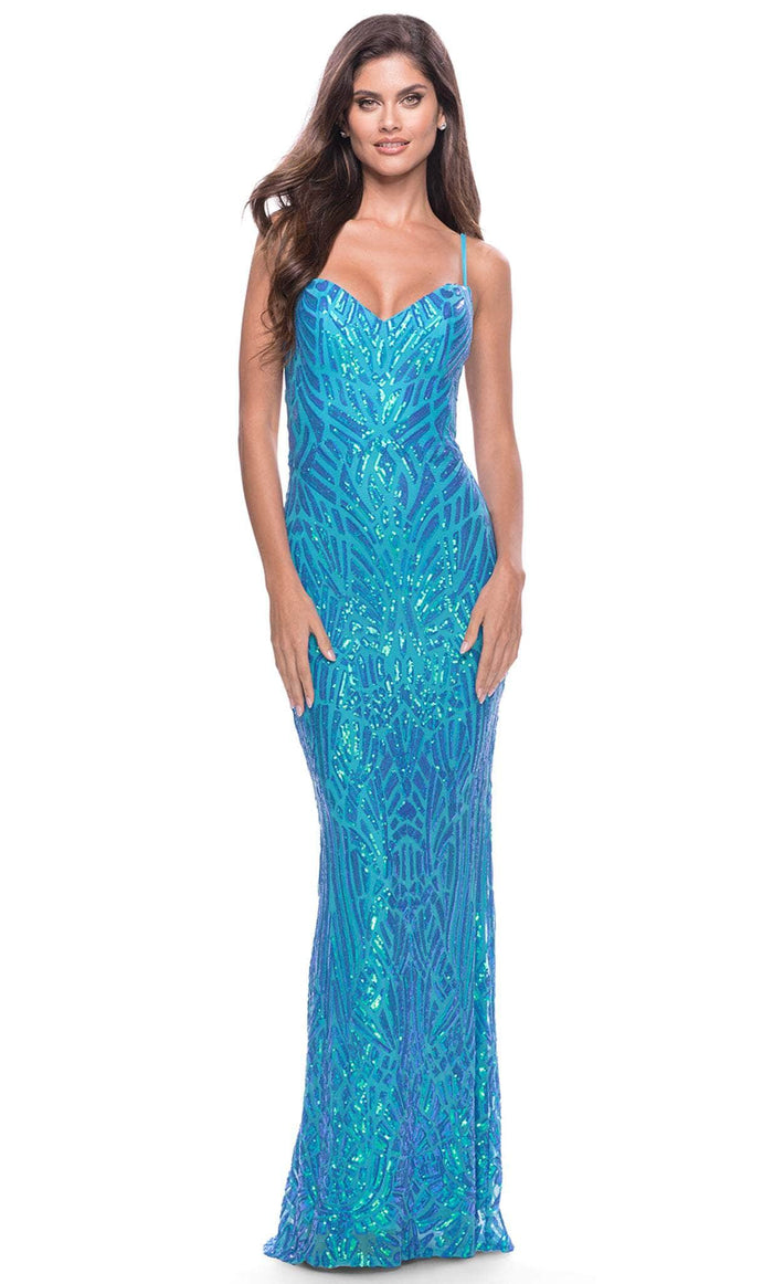 La Femme 31390 - Print Sequin Evening Dress Special Occasion Dress 00 / Aqua