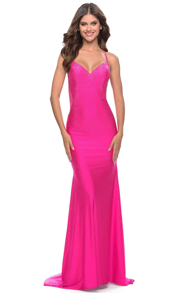 La Femme 31403 - Crisscross Back Sleeveless Prom Gown Special Occasion Dress 00 / Neon Pink