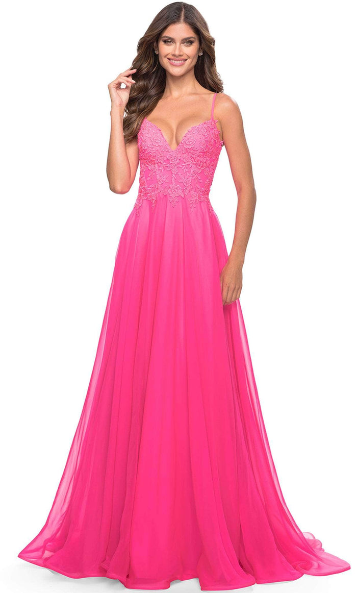 La Femme 31506 - Chiffon A-line High Slit Dress Special Occasion Dress 00 / Neon Pink