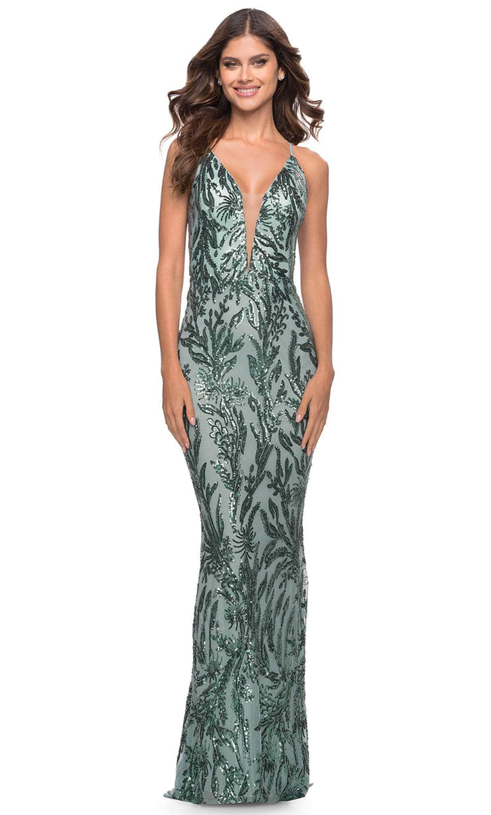 La Femme 31522 - Leaf Motif Sequined Sheath Gown Special Occasion Dress 00 / Jade