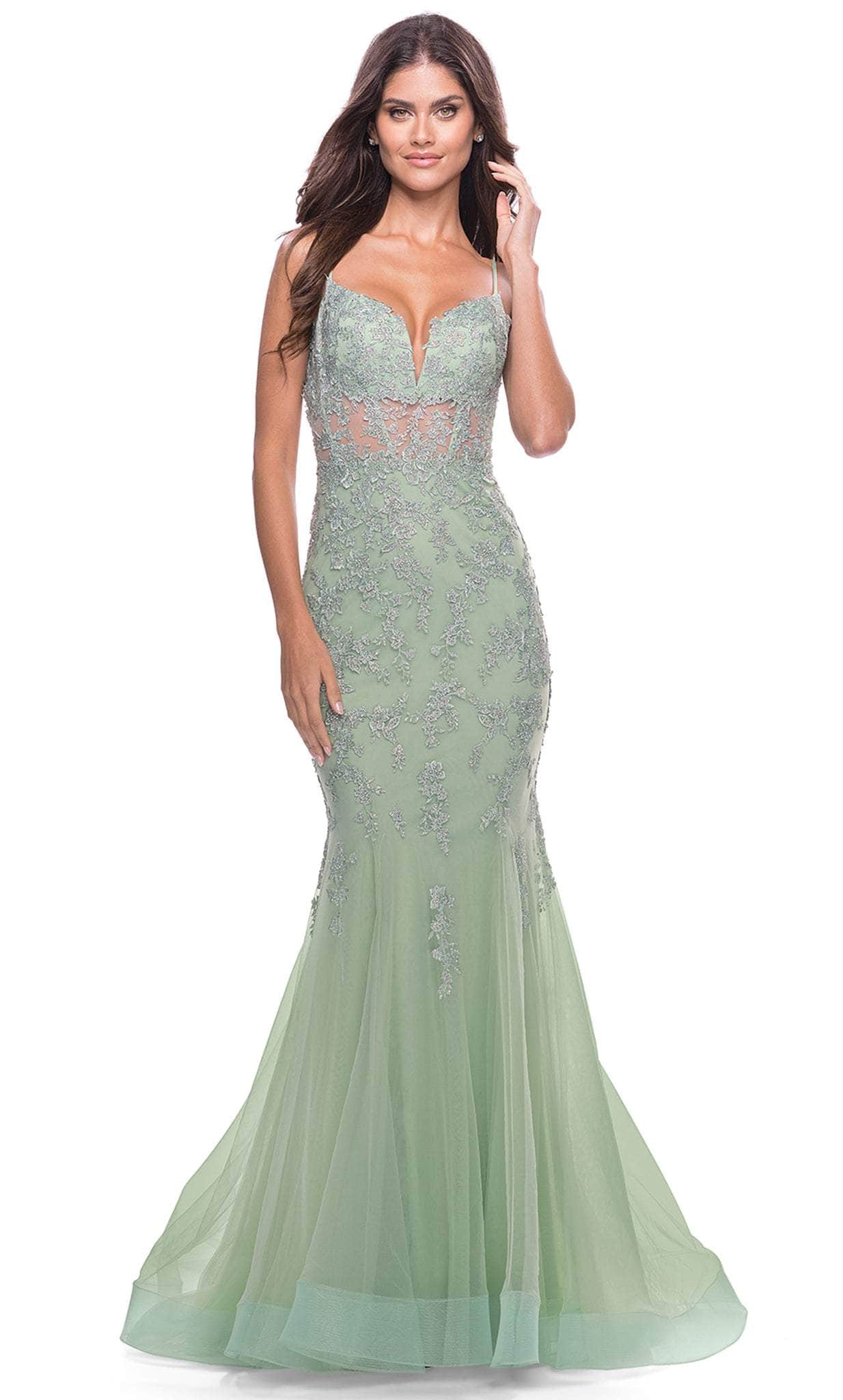 green emerald velvet dress Green Tulle Mermaid Lace Appliques Long Prom Dress MP727 main image 0
