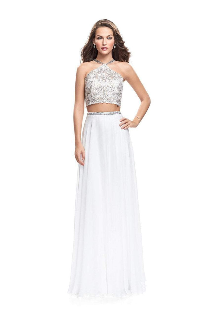 La Femme Gigi - 26288 Embellished Halter Chiffon Two Piece Gown Special Occasion Dress 00 / White