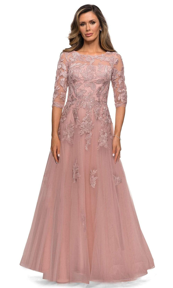La Femme - Quarter Sleeve Beaded Lace A-line Gown 27922SC - 1 pc Dark Blush in size 12 and 1 pc Navy In Size 16 Available CCSALE 12 / Dark Blush