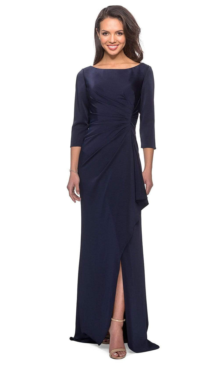 La Femme - Quarter Sleeve Draped High Slit Dress 28197SC - 1 pc Navy In Size 12 Available CCSALE 12 / Navy