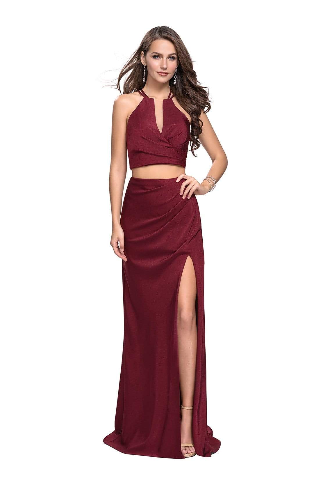 La Femme - Two Piece Deep V-neck Ruched Sheath Dress 25731SC Couture Candy La Femme - Two Piece Deep V-neck Ruched Sheath Dress 25731SC Couture Candy