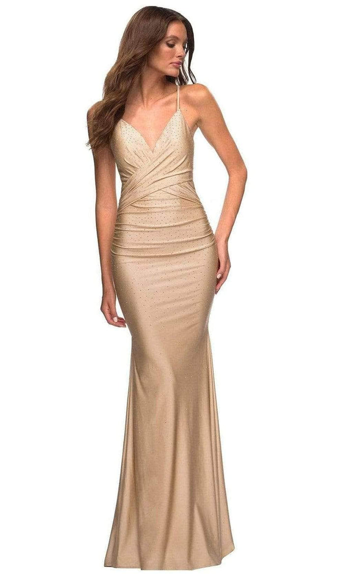 La Femme - V-Neck Beaded Jersey Prom Gown 30340SC - 1 pc Light Gold In Size 8 Available CCSALE 8 / Light Gold