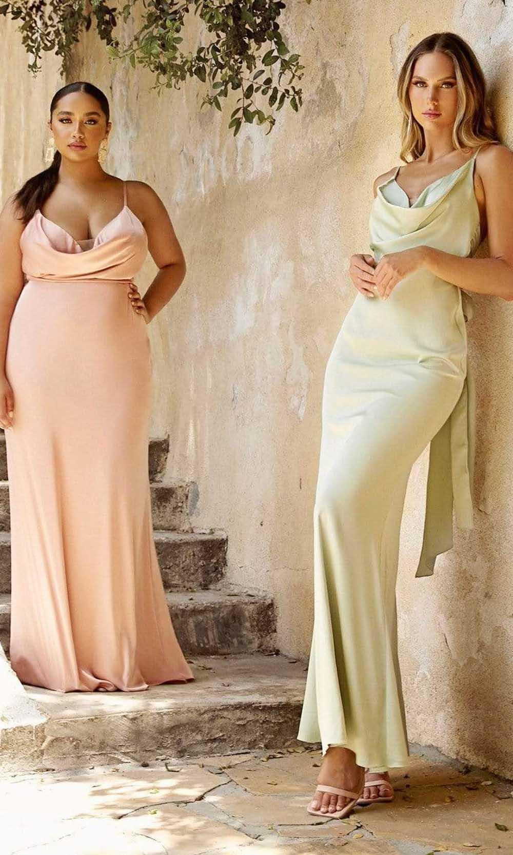 Dusty Rose Ladivine - 7487 Cowl Tie Ribbon Gown | Long Sheath Dress Dusty Rose Ladivine - 7487 Cowl Tie Ribbon Gown | Long Sheath Dress