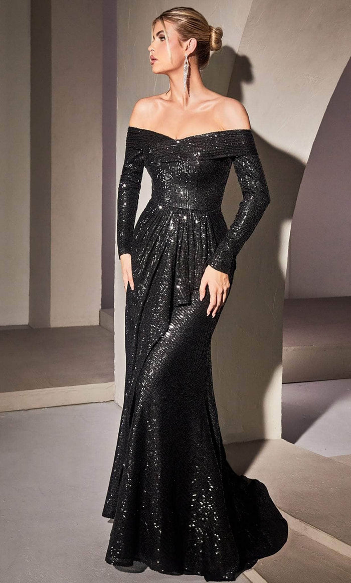 Ladivine CH135 - Draped Sequin Evening Gown Prom Dresses XXS / Black-