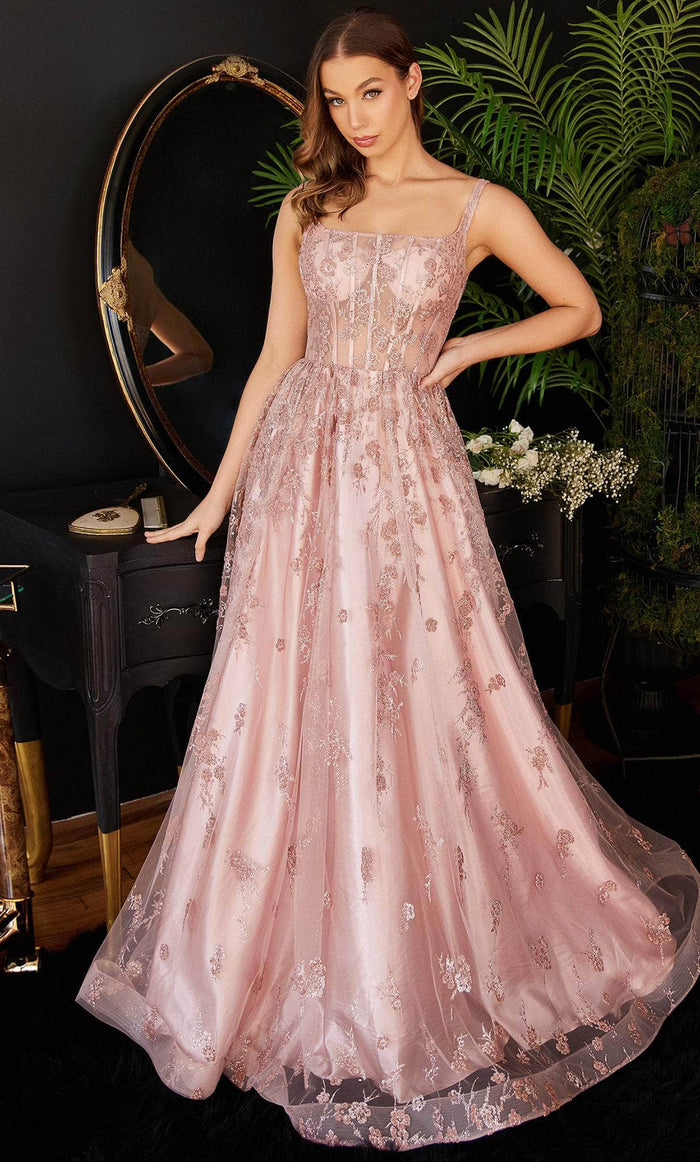 Ladivine J840 - Square Neck Glitter Prom Dress Special Occasion Dress 4 / Rose Gold