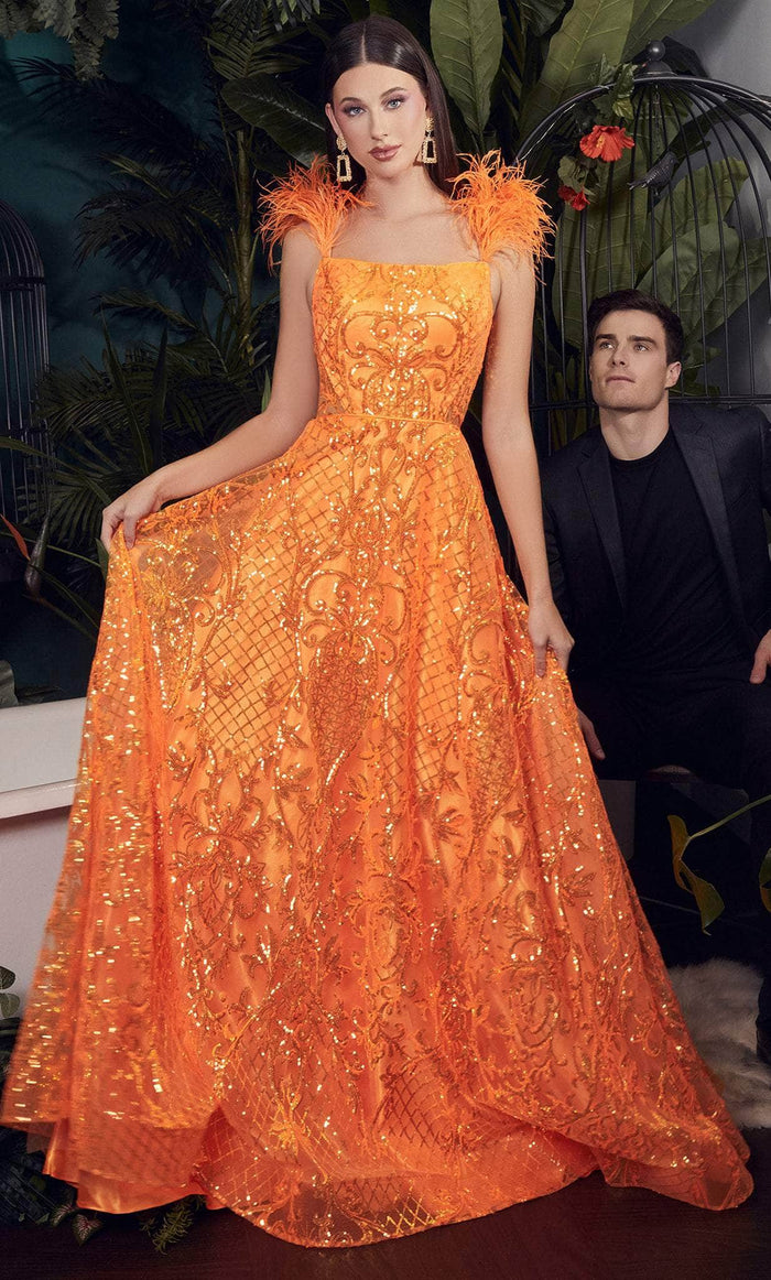 Ladivine KV1076 - Sleeveless Feathered A-line Gown Special Occasion Dress 2 / Neon Orange