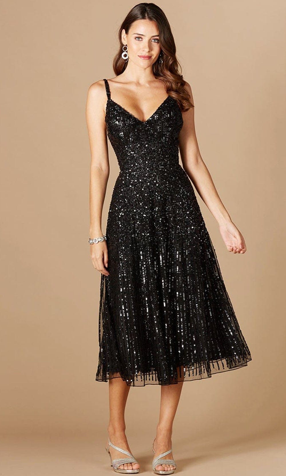 sequin tea length dress Nicoletta NC1058 Tea Length Sequinned Cocktail Dress