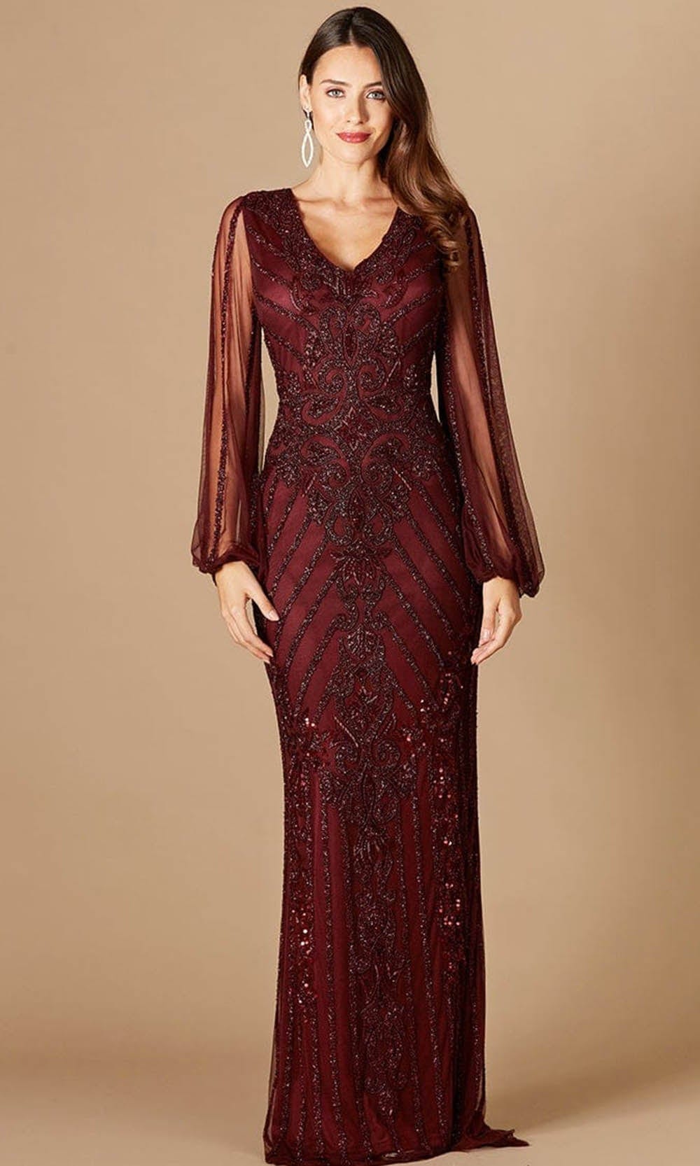 mother of the bride dress with sheer sleeves GLS Formal Long Sheer Sleeve Mother of the Bride Dress - Eggplant - Size S