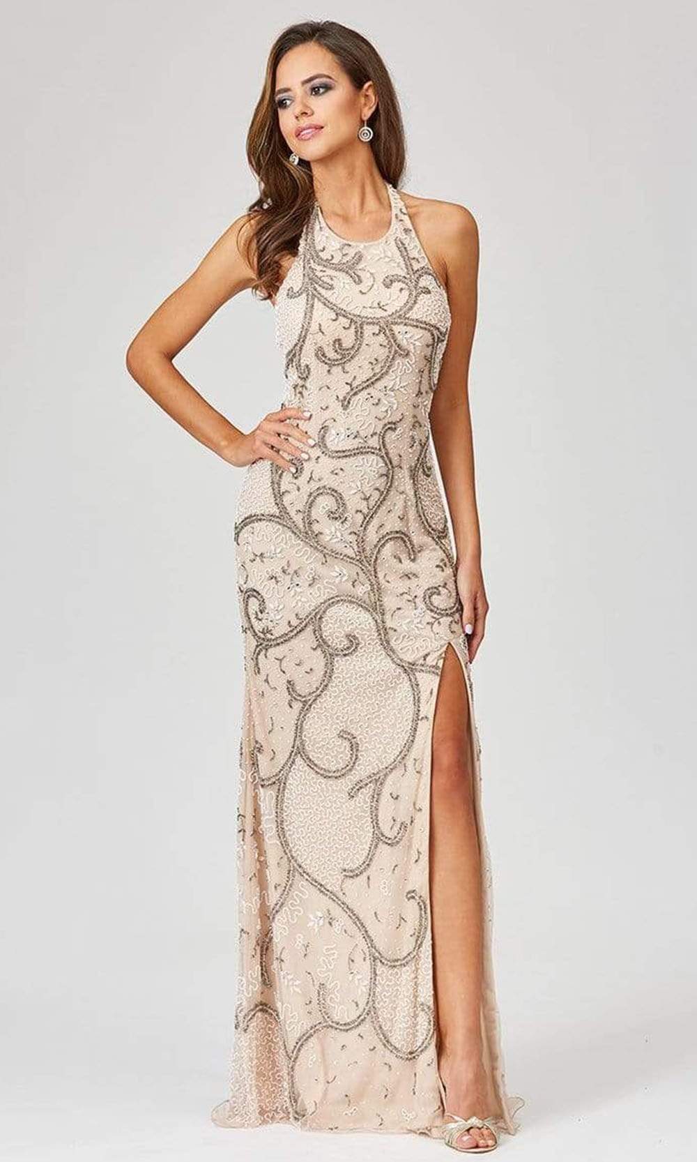 Lara Dresses - 29372 Halter Neck High-Slit Fully Ornate Sheath Dress Couture Candy Lara Dresses - 29372 Halter Neck High-Slit Fully Ornate Sheath Dress Couture Candy