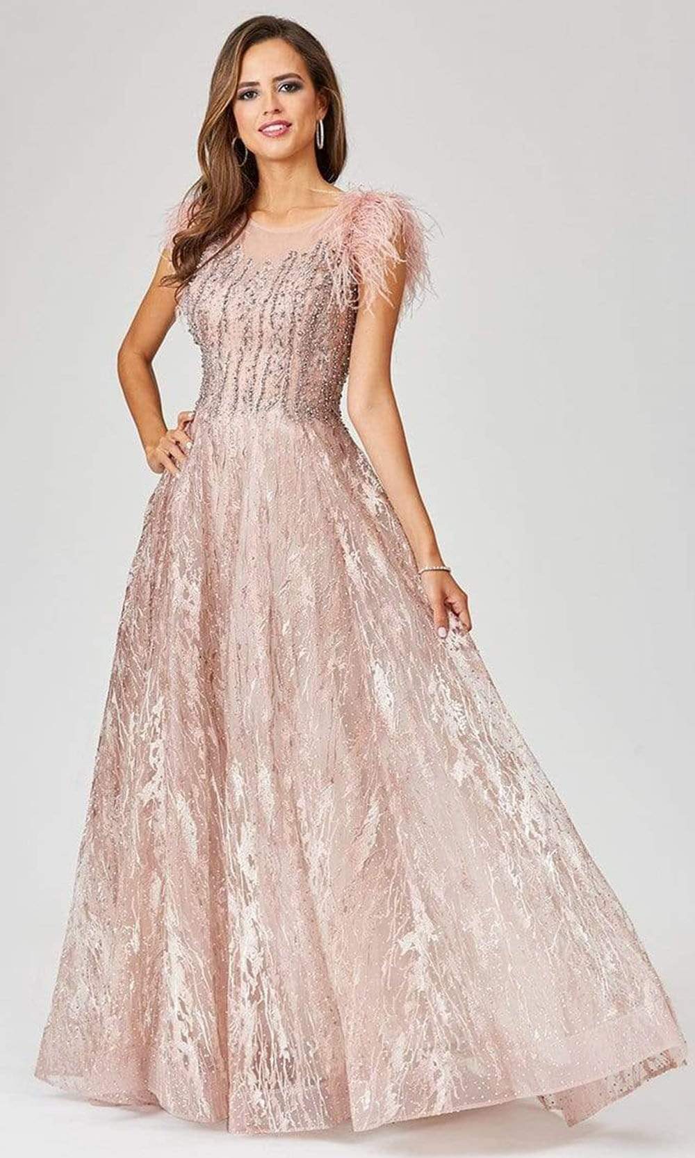 Lara 29475 - Lace ballgown with Feather Cap Sleeves Blush / 20 Lara 29475 - Lace ballgown with Feather Cap Sleeves Blush / 20