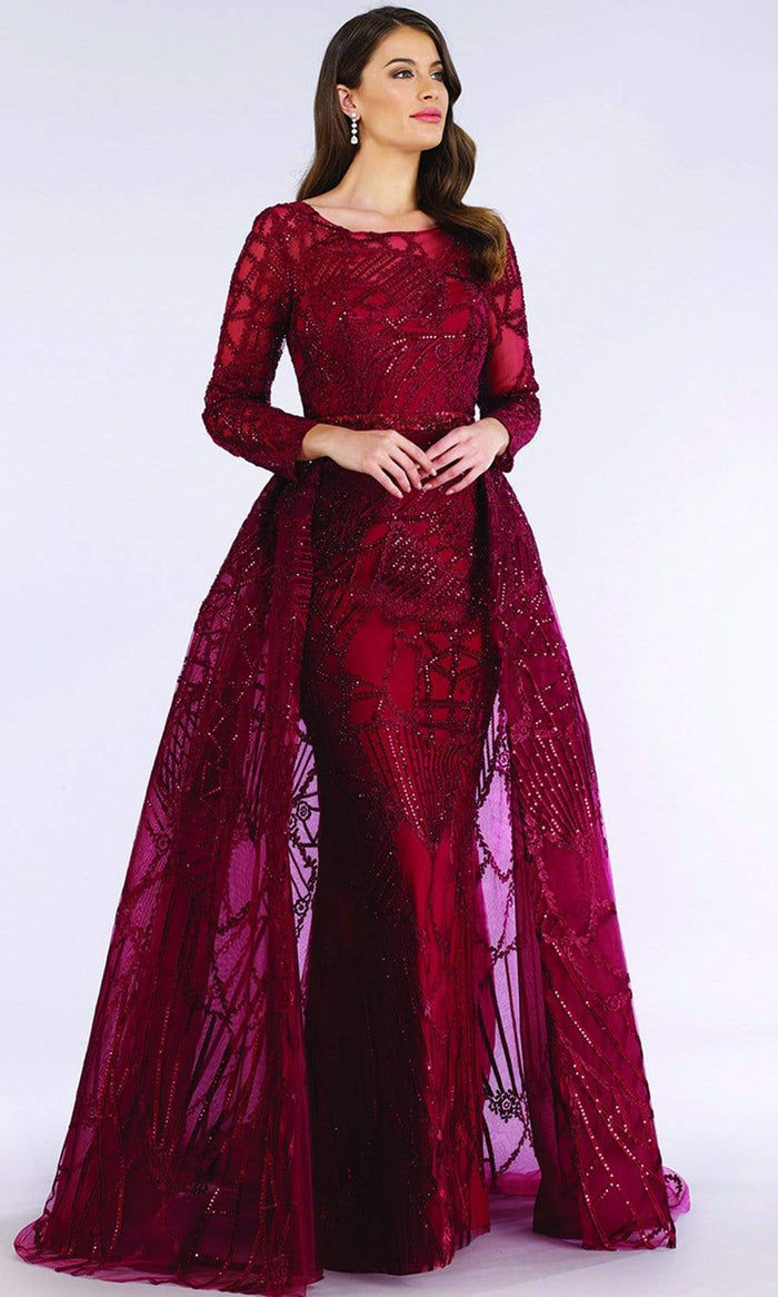 Lara Dresses - 29633 Embellished Bateau Dress With Overskirt Evening Dresses 6 / Darkred