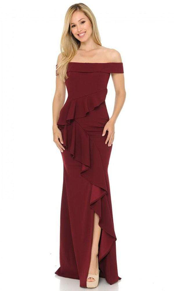 Lenovia - Ruffle Draped High Slit Gown 5207 - 1 pc Burgundy In Size XL Available CCSALE XL / Burgundy