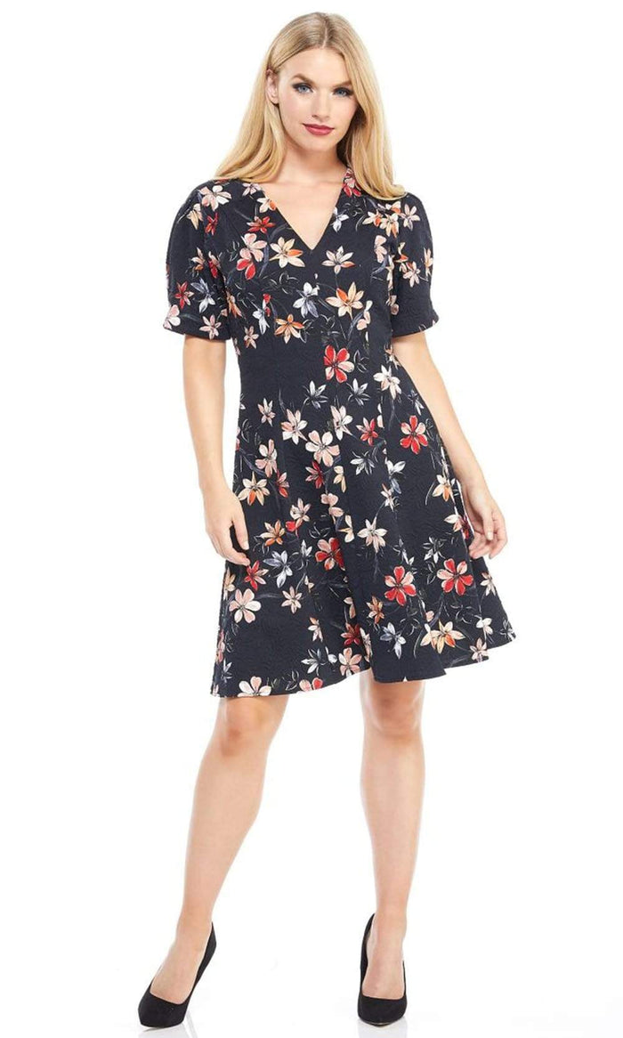 London Times - T3783M Floral Short Sleeve Fit And Flare Jacquard Dress Cocktail Dresses 2 / Black Coral