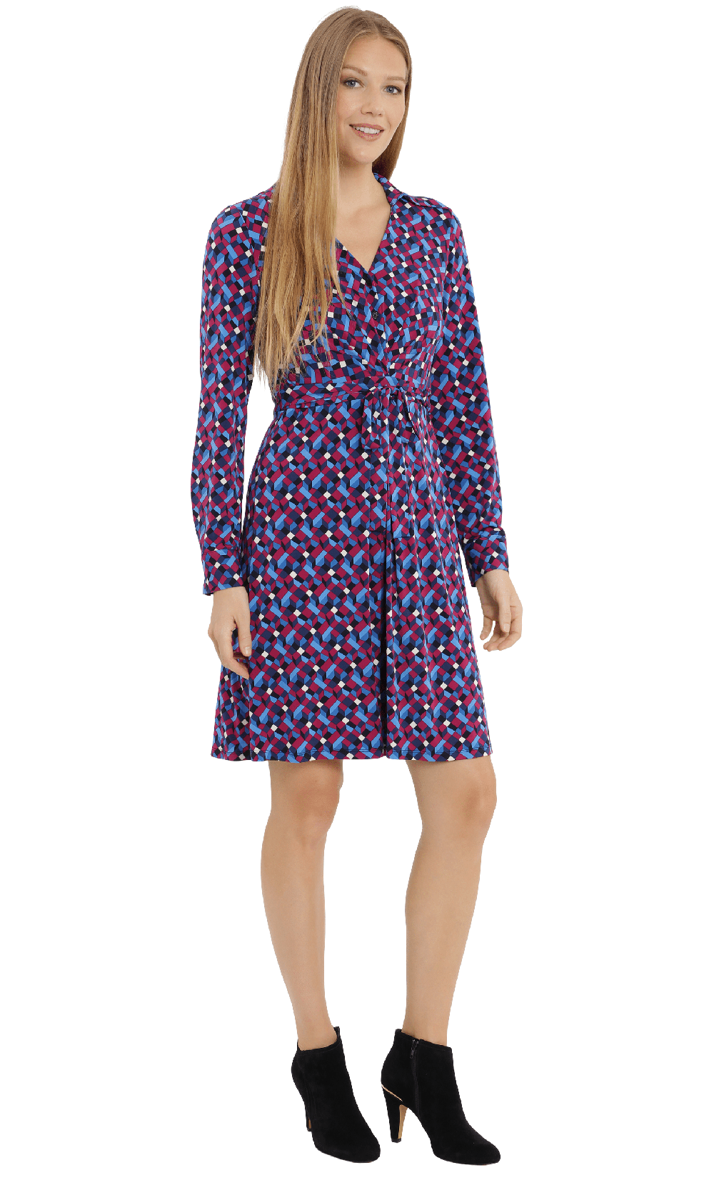 London Times T5907M - Geometric Print Collared Long Sleeved Short Dres Couture Candy London Times T5907M - Geometric Print Collared Long Sleeved Short Dres Couture Candy