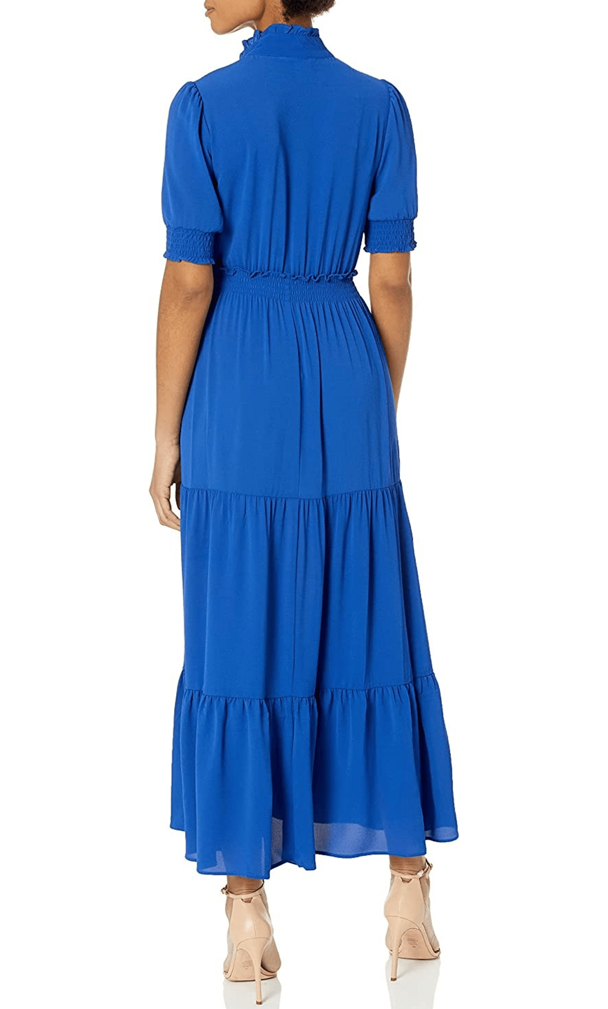 tiered formal dress with sleeves Long Blue-Print Tiered Prom Dress with Bows