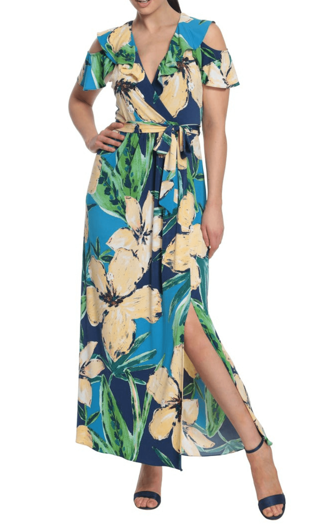 London Times Ruffle Cold-Shoulder Maxi Dress, 4 / Blue London Times Ruffle Cold-Shoulder Maxi Dress, 4 / Blue