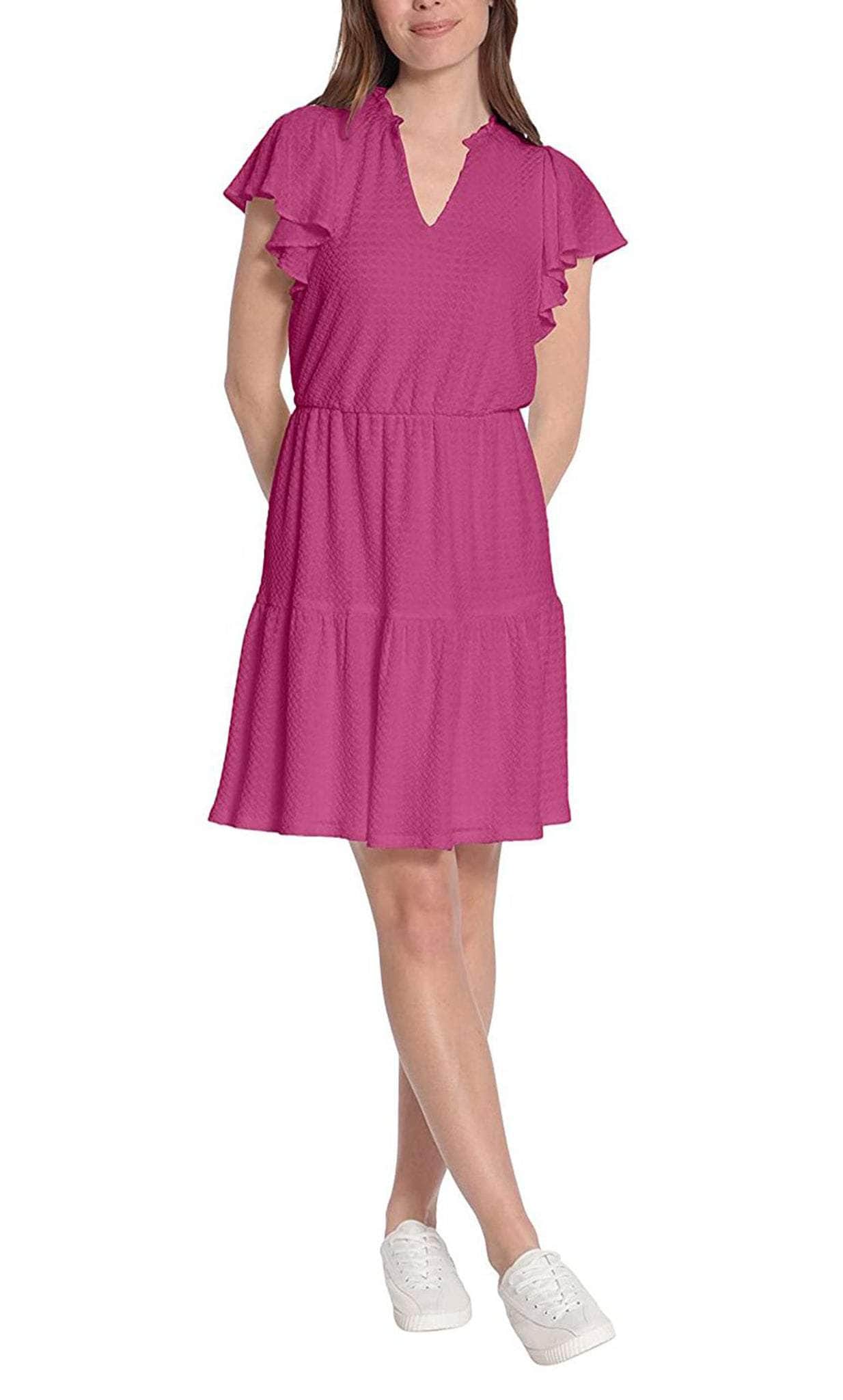 London Times V Neck Short Butterfly Sleeves Pull Over Short Jersey Dress Berry / L London Times V Neck Short Butterfly Sleeves Pull Over Short Jersey Dress Berry / L