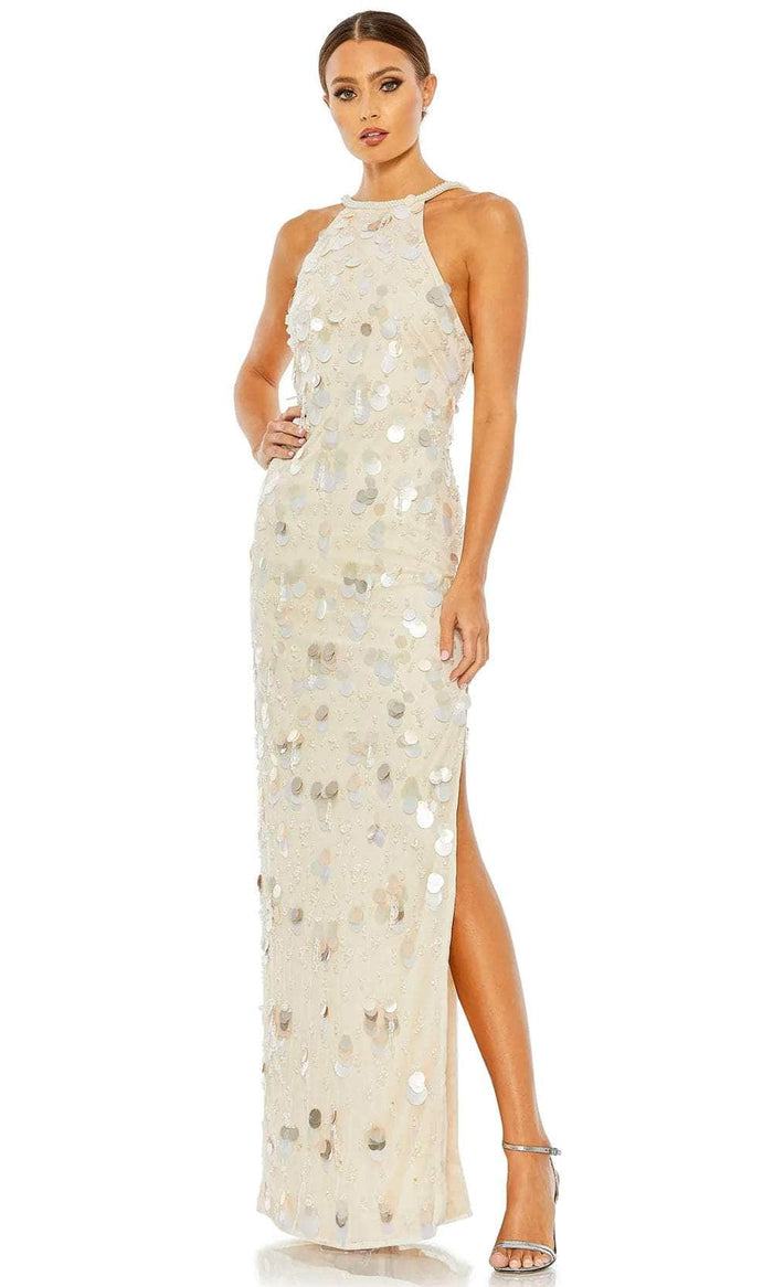 Mac Duggal 10878 - Sequined Halter Evening Dress with Slit Prom Dresses 0 / Porcelain