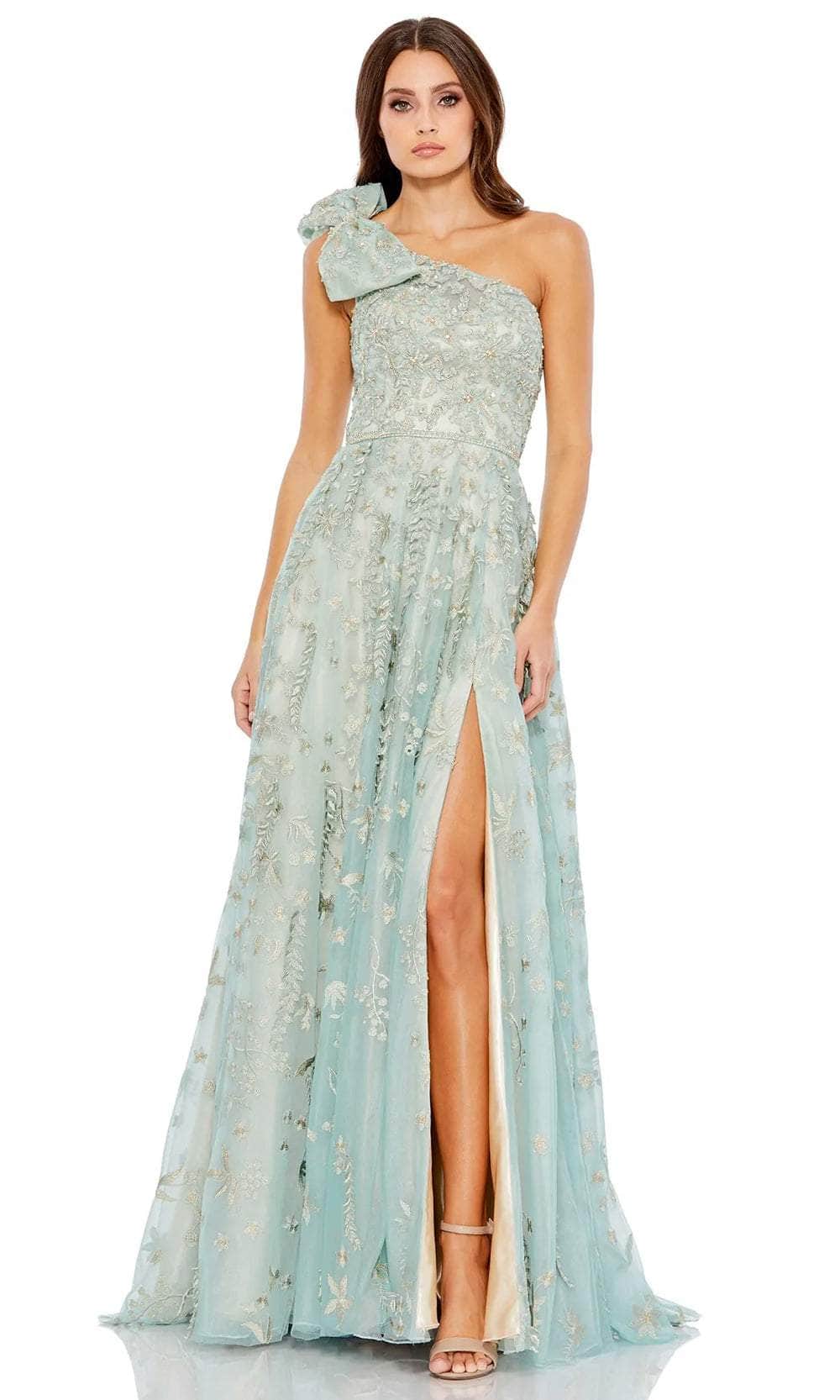 Green Embellished Bow One Shoulder A Line Gown - Mac Duggal Sage / US 14 Green Embellished Bow One Shoulder A Line Gown - Mac Duggal Sage / US 14