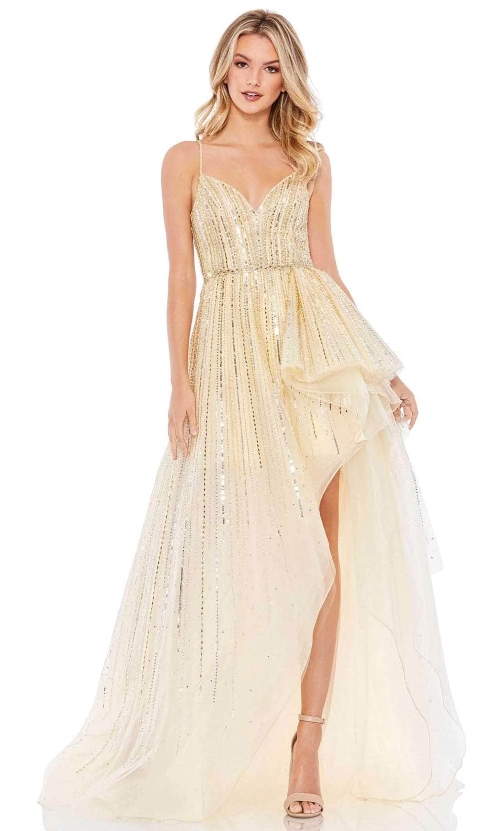 mac duggal white and gold dress Gold Long Sleeve Embroidered Applique Trumpet Gown