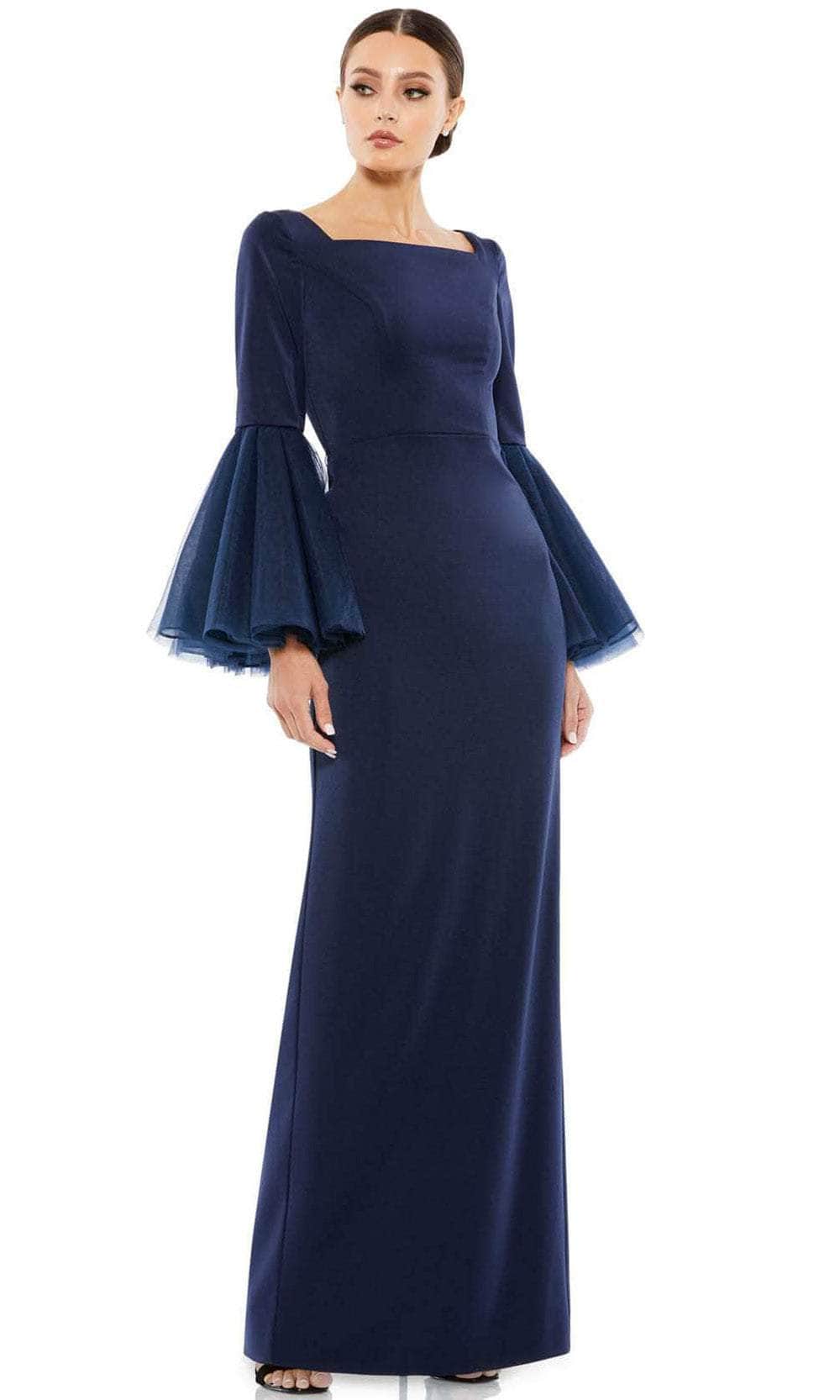 Mac Duggal - Flounce Sleeve Square Neck Column Gown - Navy Mac Duggal - Flounce Sleeve Square Neck Column Gown - Navy