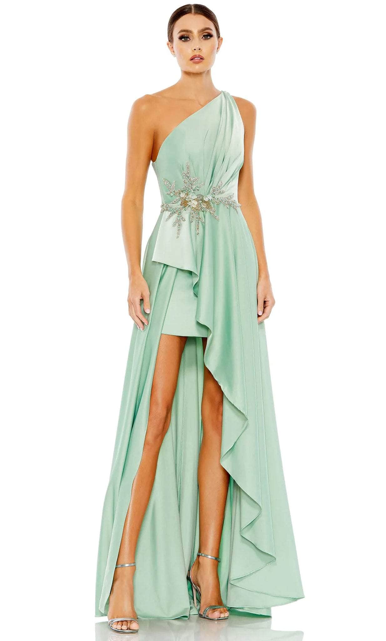 Mac Duggal - Green Embellished One Shoulder Asymmetrical Gown - US 14 Mac Duggal - Green Embellished One Shoulder Asymmetrical Gown - US 14