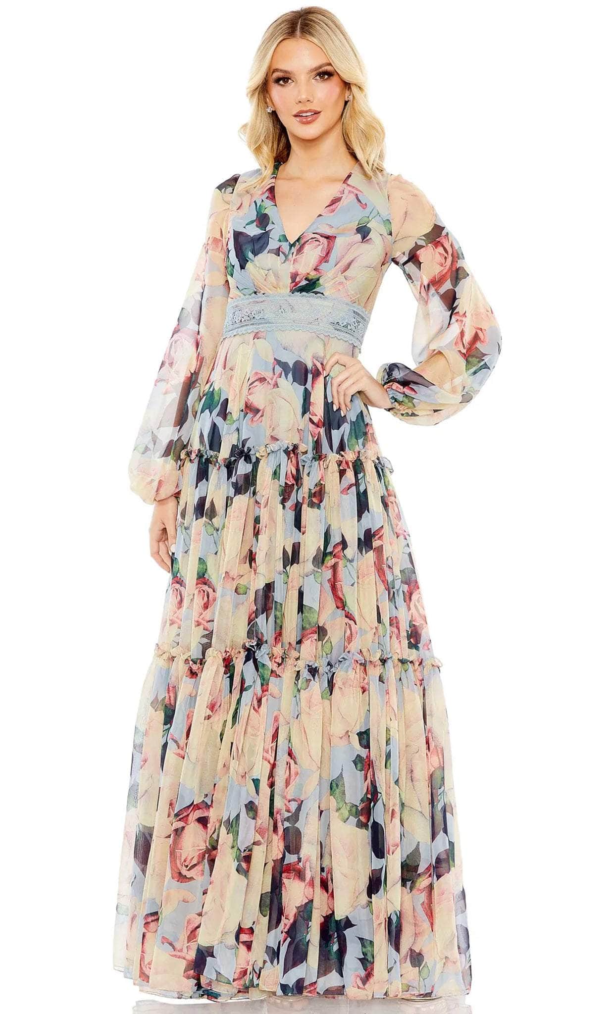 mac duggal floral maxi dress Blue Floral Long Sleeve High Neck Ruffle Maxi Dress