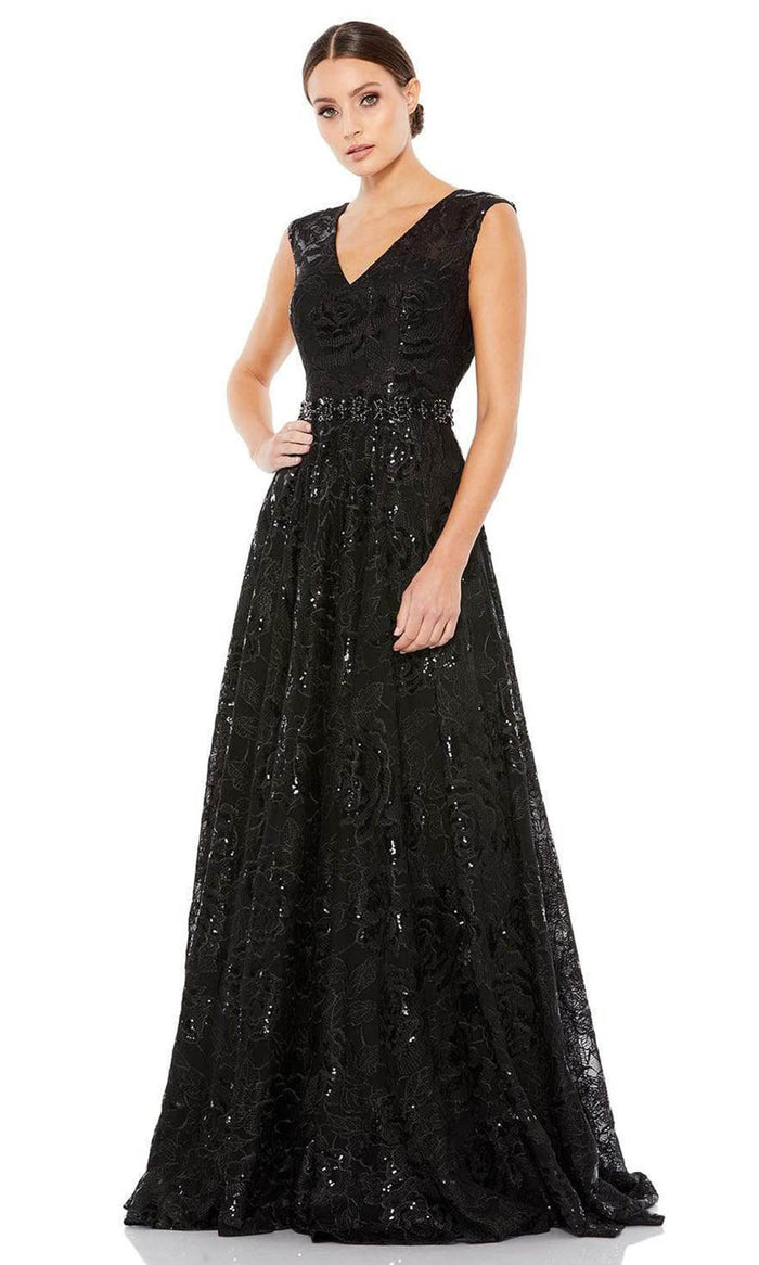 Mac Duggal - 12413 A-line V Neck Mysterious Gown Evening Dresses 2 / Black