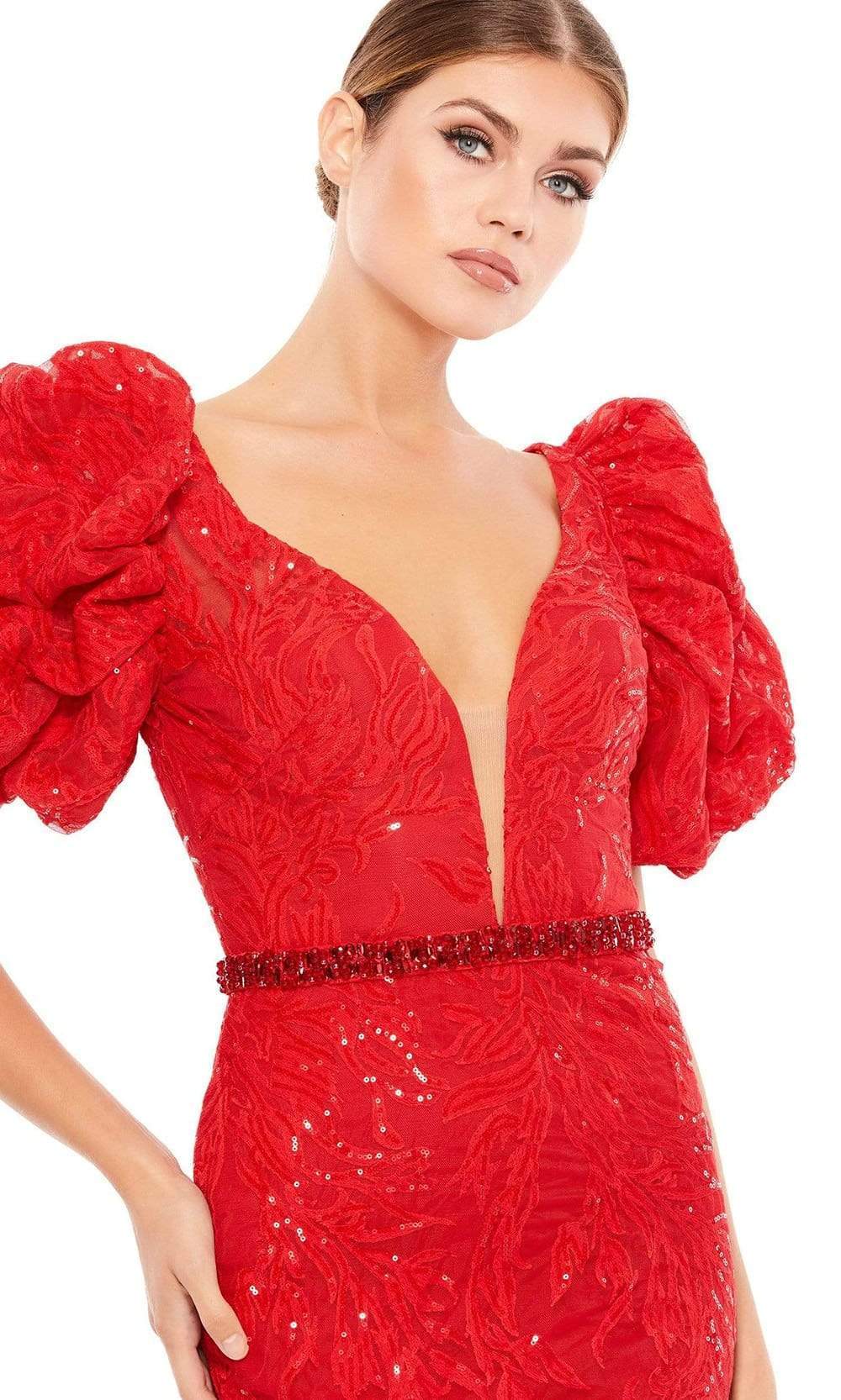 mac duggal red lace dress Red One Shoulder Floral Embroidered Gown