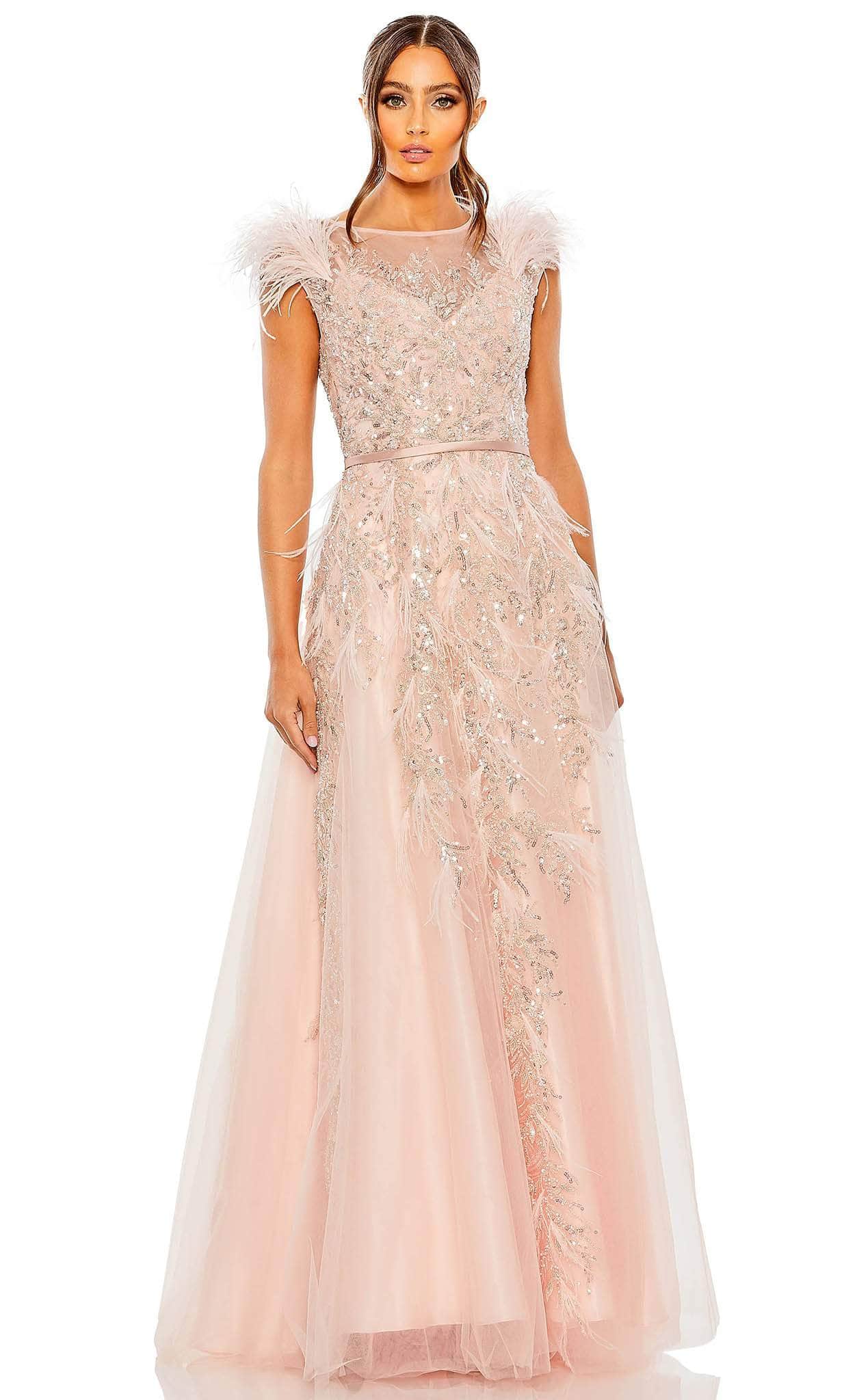 Mac Duggal - Pink High Neck Feather Detail Beaded Gown - Blush / US 8 Mac Duggal - Pink High Neck Feather Detail Beaded Gown - Blush / US 8