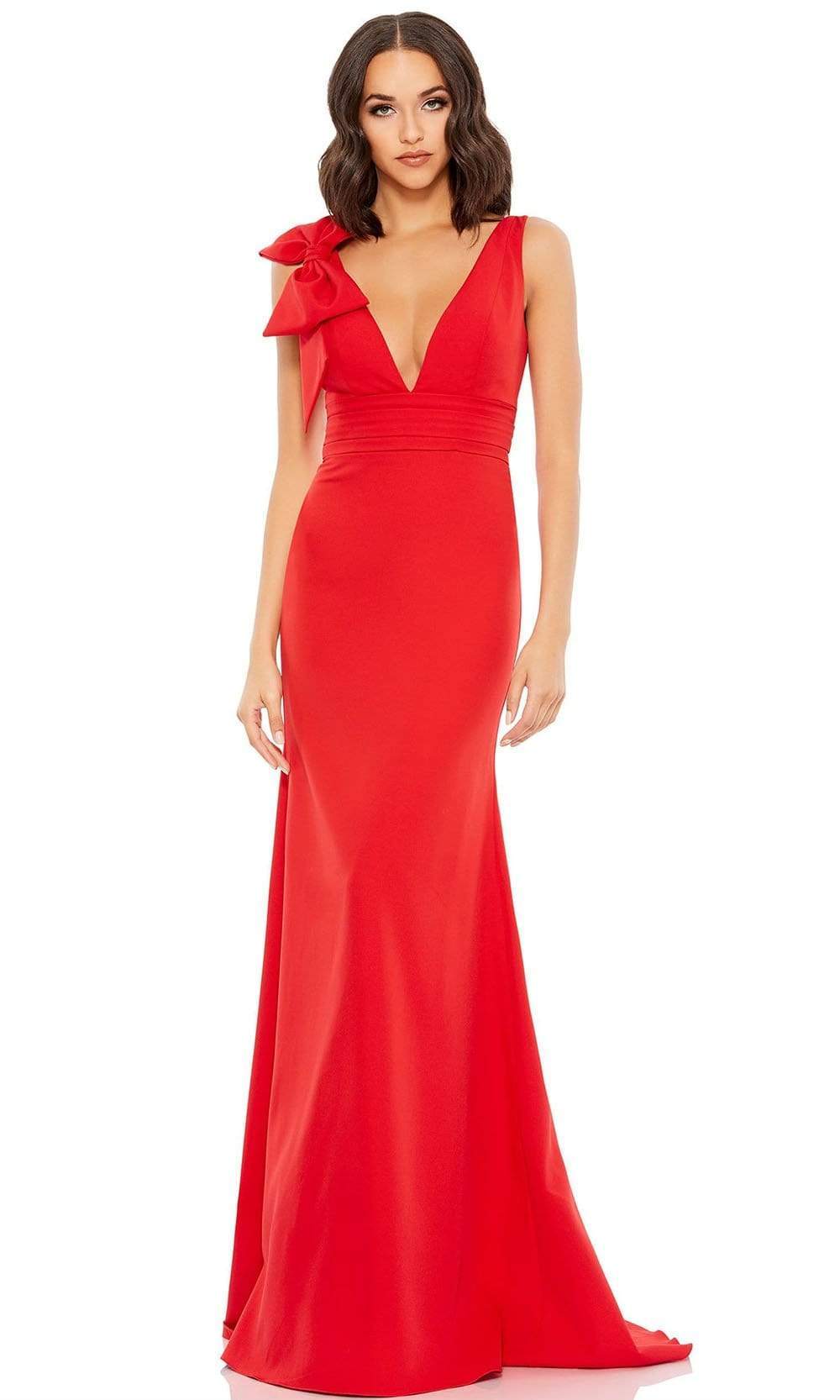 Mac Duggal - Red Sleeveless V Neck Bow Detail Mermaid Gown - US 14 Mac Duggal - Red Sleeveless V Neck Bow Detail Mermaid Gown - US 14