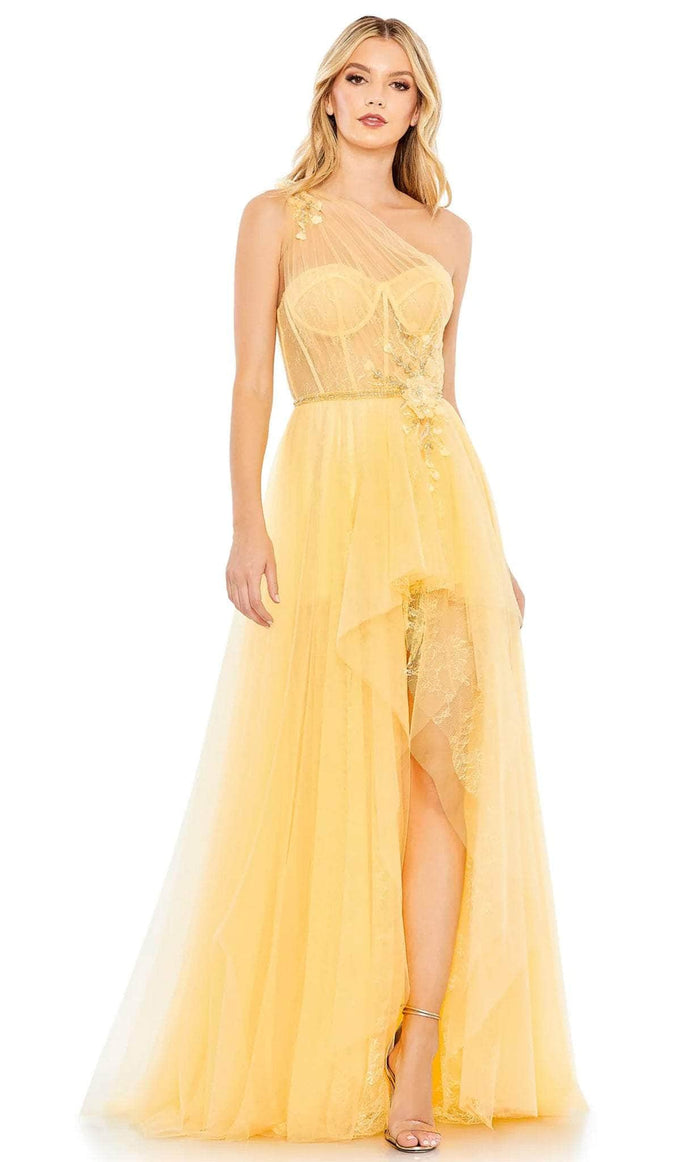 Mac Duggal 50661 - Asymmetric Lace Appliqued Prom Gown Prom Dresses 0 / Lemon