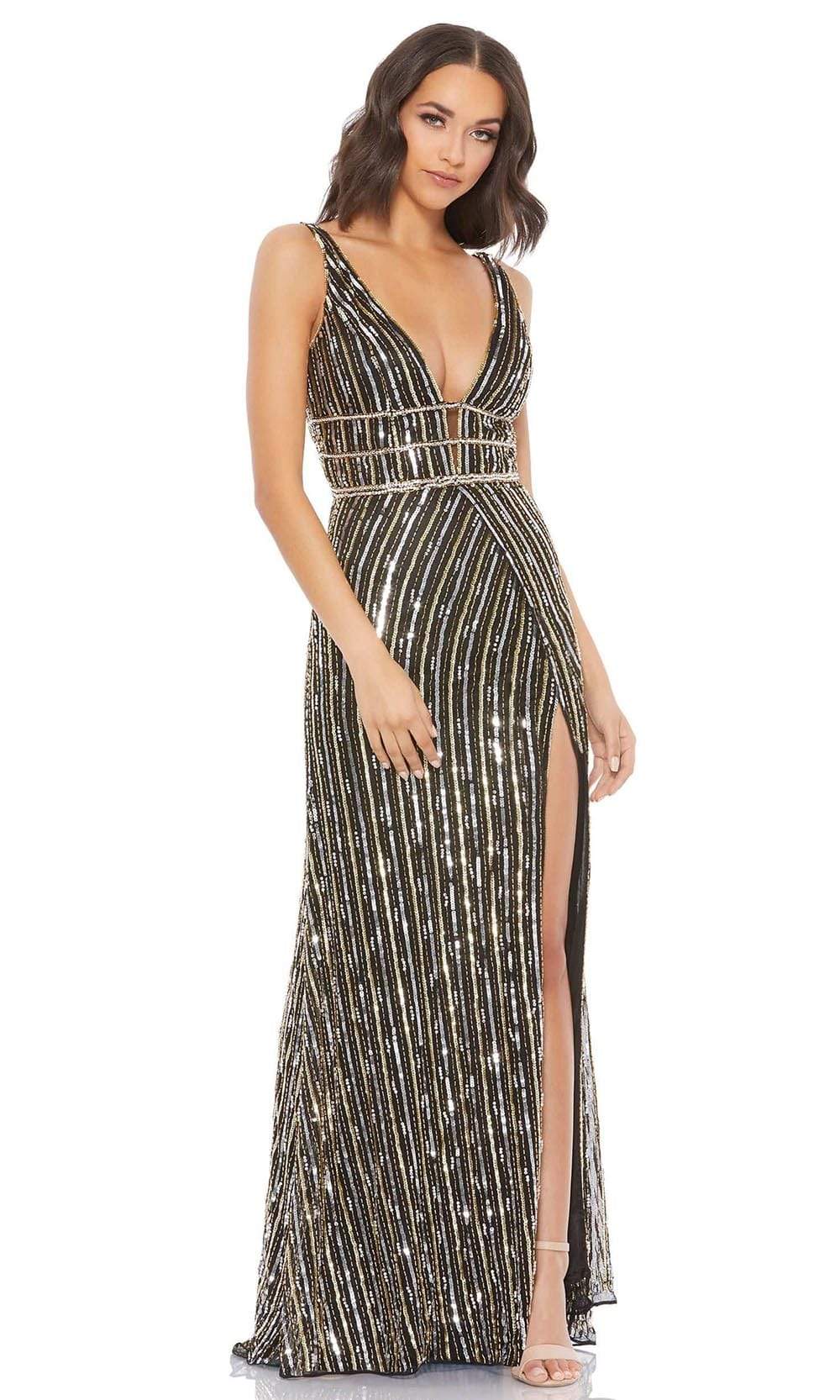 Mac Duggal Stripe Glitter Dress Mac Duggal Beaded V-Neck Stripe