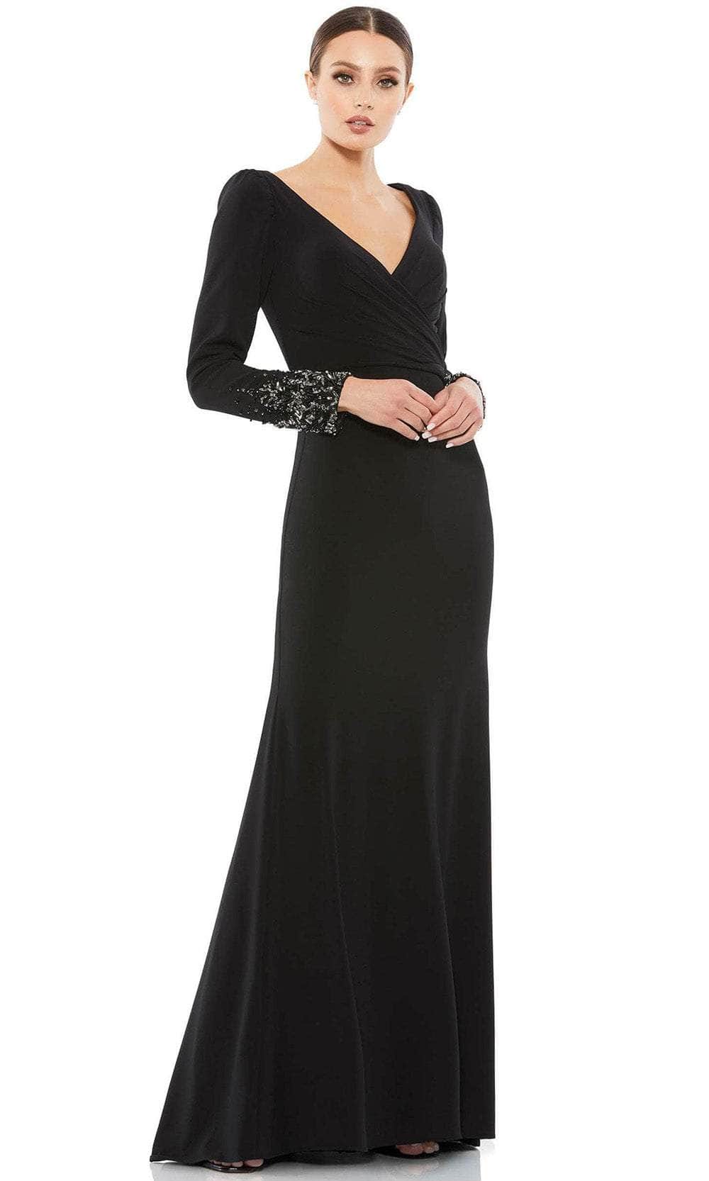 Beaded Cuff Long Sleeve Wrap Over Trumpet Gown