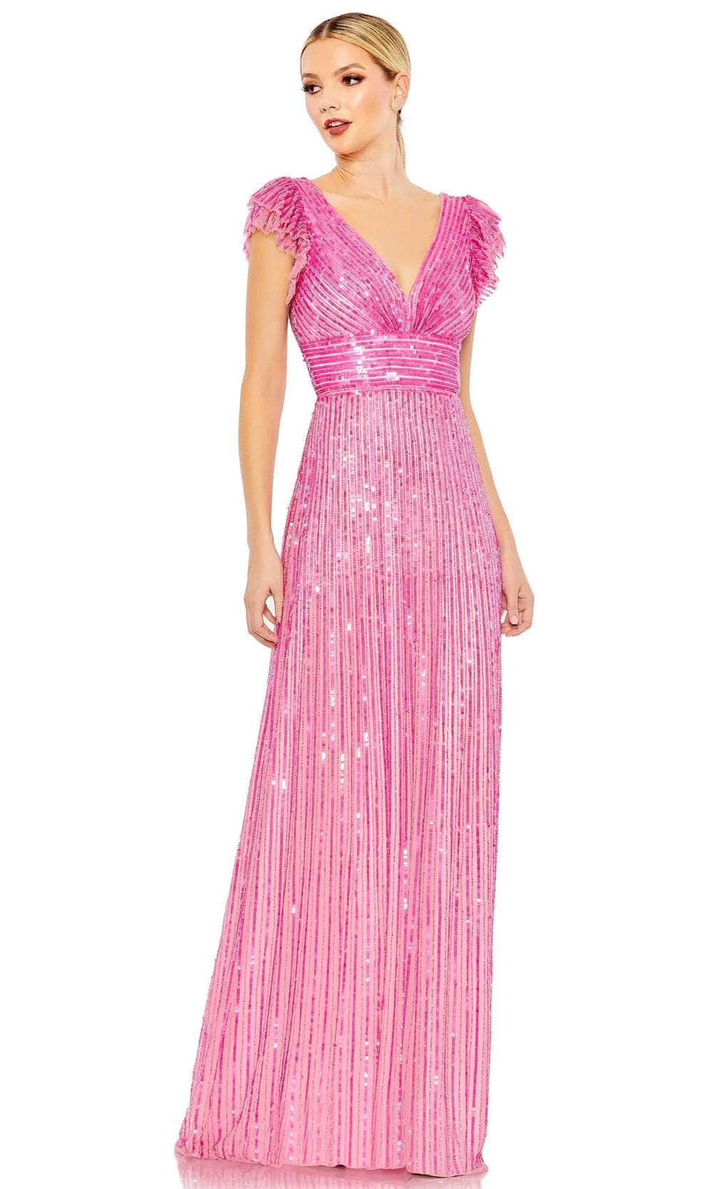 hot pink mac duggal dress Pink Striped Strapless Satin Ballgown With Pockets
