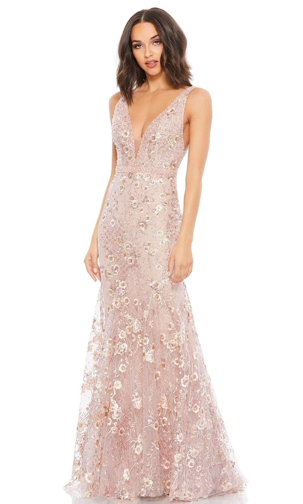 mac duggal prom dress Mac Duggal Floral Embellished Sleeveless Plunge Neck Gown - Rose Pink