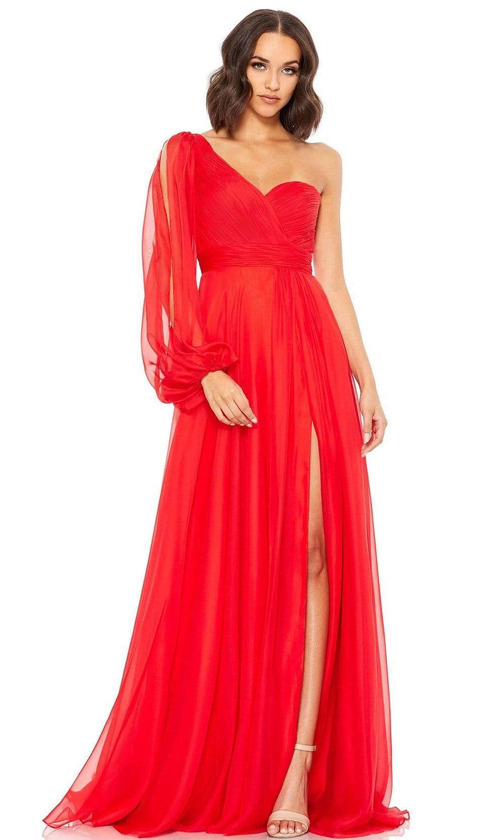 Mac Duggal Flowy One-shoulder Chiffon Gown - Red Mac Duggal Flowy One-shoulder Chiffon Gown - Red