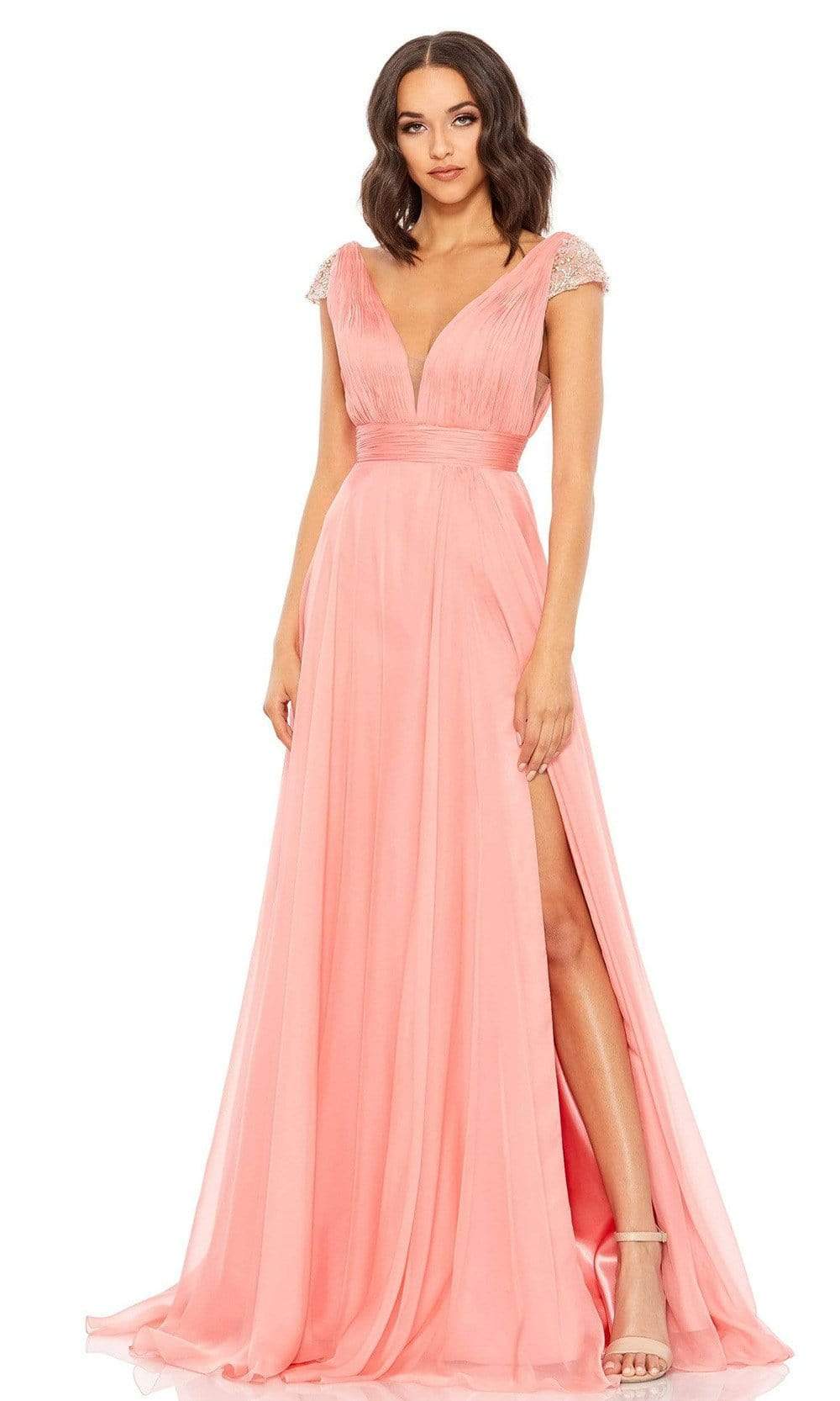 Mac Duggal - 67811 Beaded Sleeve Chiffon Slit Dress Mac Duggal - 67811 Beaded Sleeve Chiffon Slit Dress
