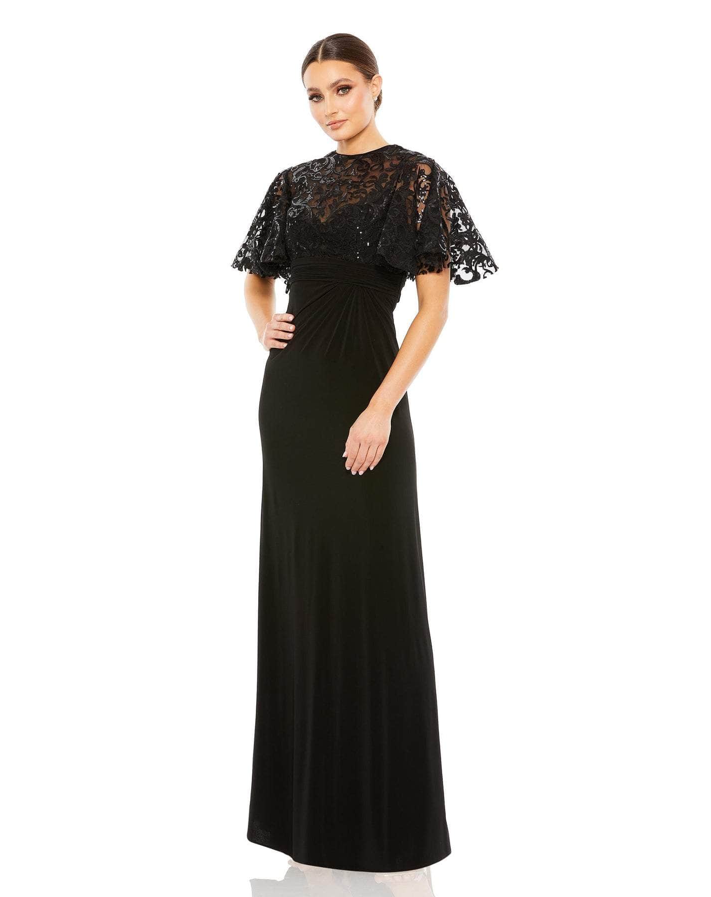 mac duggal black lace dress Black Lace Long Sleeve V-Neck Wrap Over Gown
