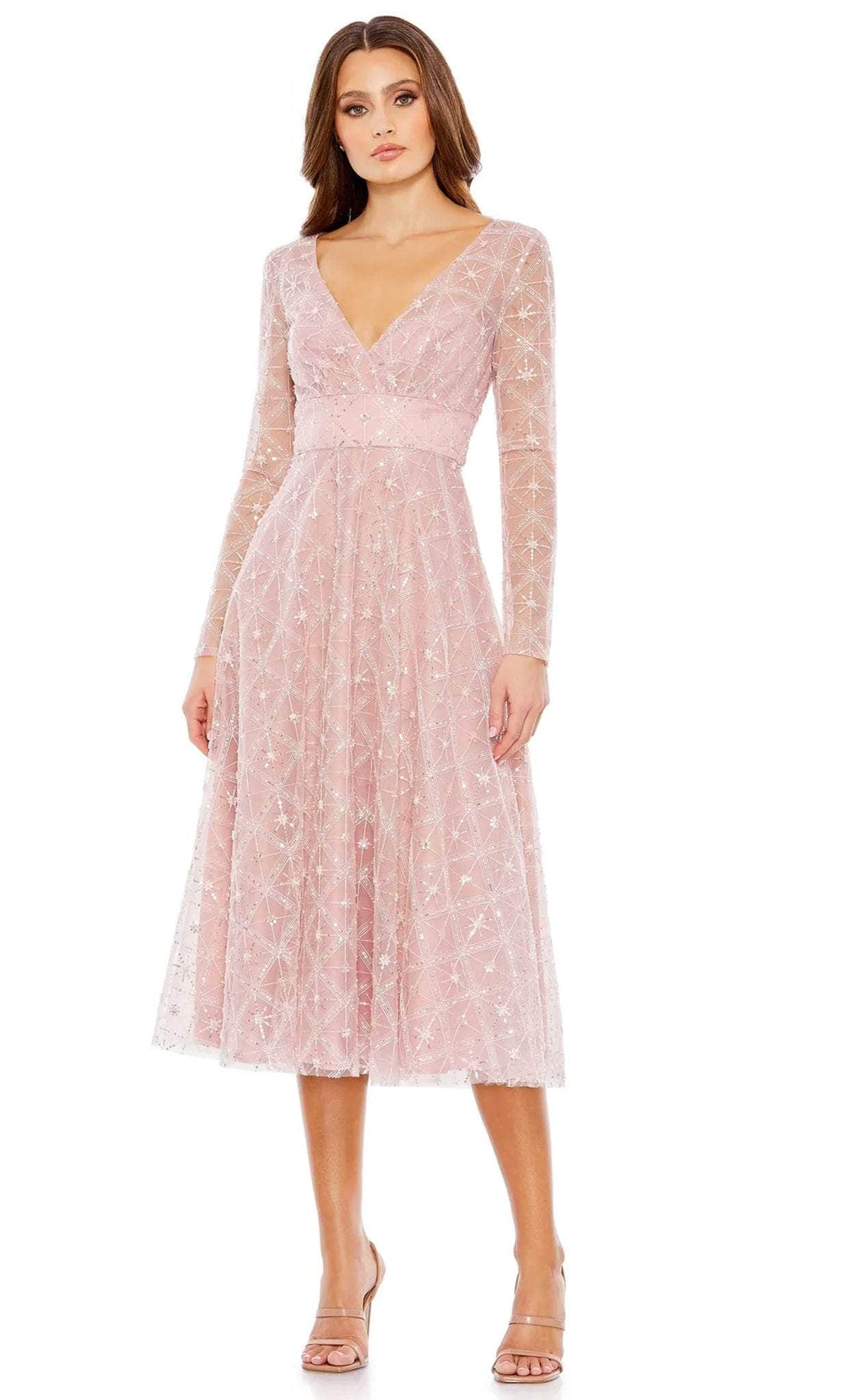 Mac Duggal 68003 - Shimmer Long Sleeve Tea Length Dress - 0 / Rose Mac Duggal 68003 - Shimmer Long Sleeve Tea Length Dress - 0 / Rose