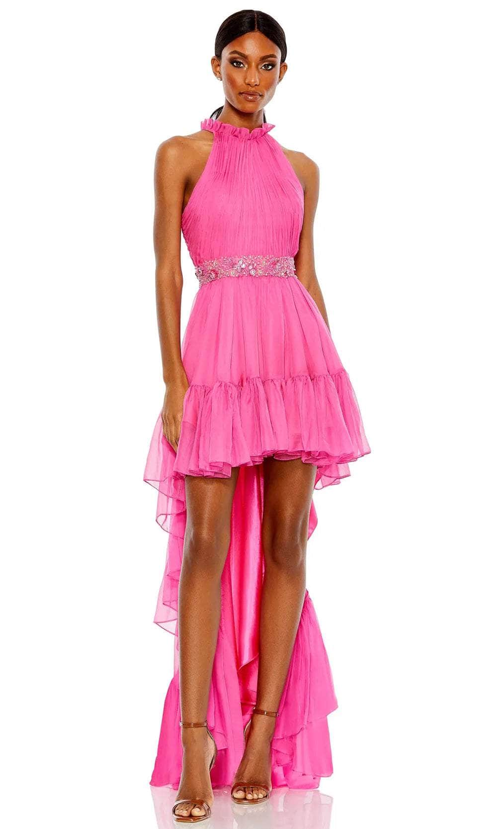 mac duggal pink prom dress Pink Strapless Satin Ballgown With Bow Details