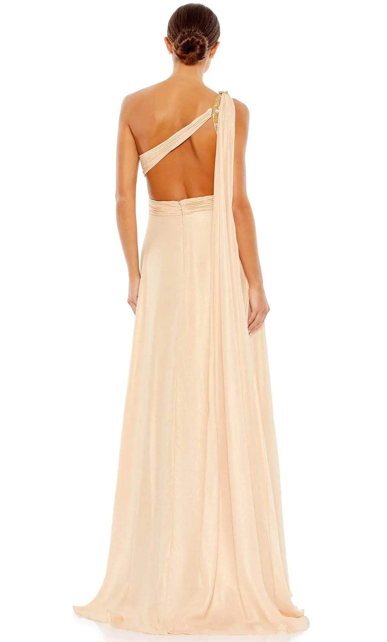Mac Duggal - Beige One Shoulder Open Back Flowy Gown - Gold/Nude / US 14 Mac Duggal - Beige One Shoulder Open Back Flowy Gown - Gold/Nude / US 14
