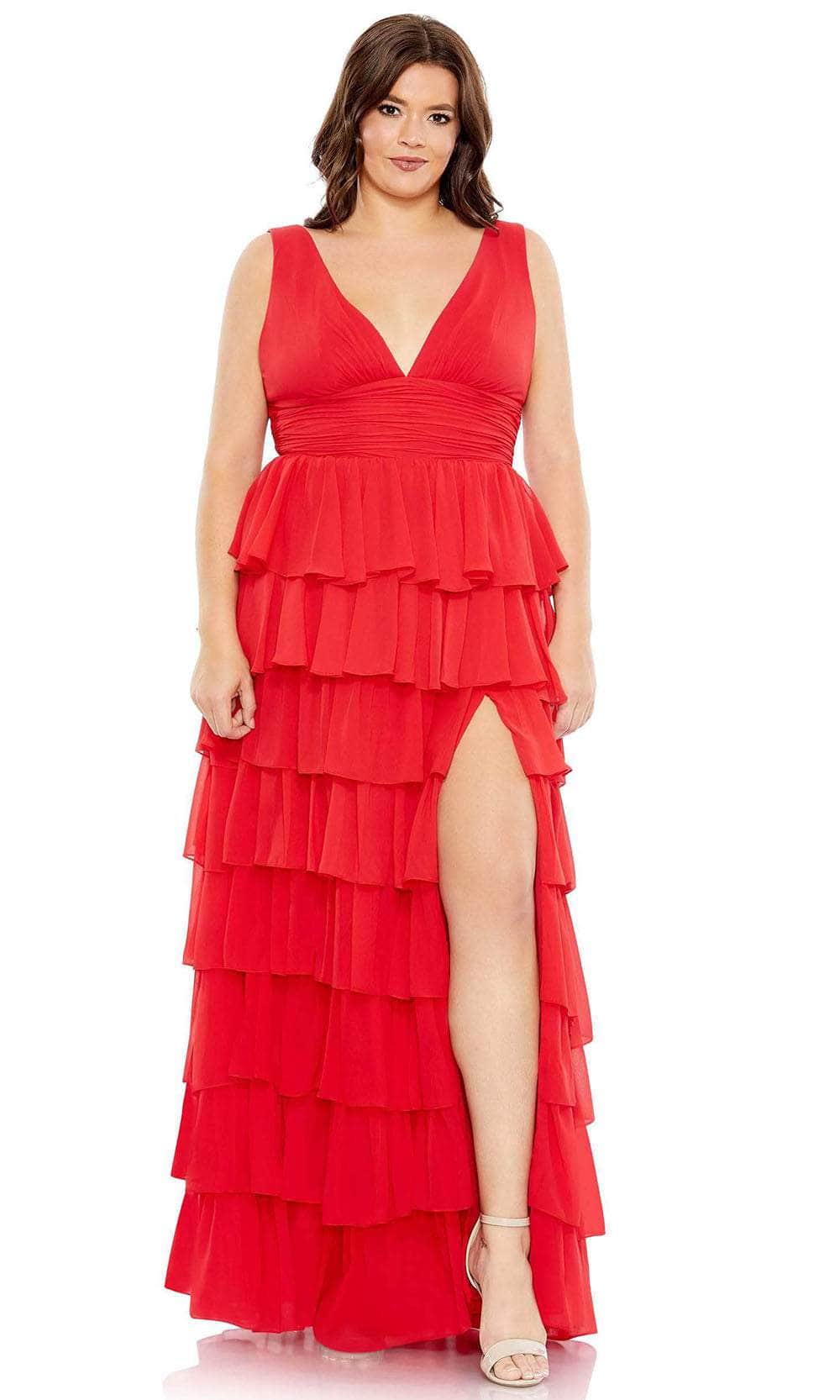 mac duggal sleeveless tiered maxi dress Mac Duggal Floral Print V-Neck Ruffle Sleeveless Tiered Gown