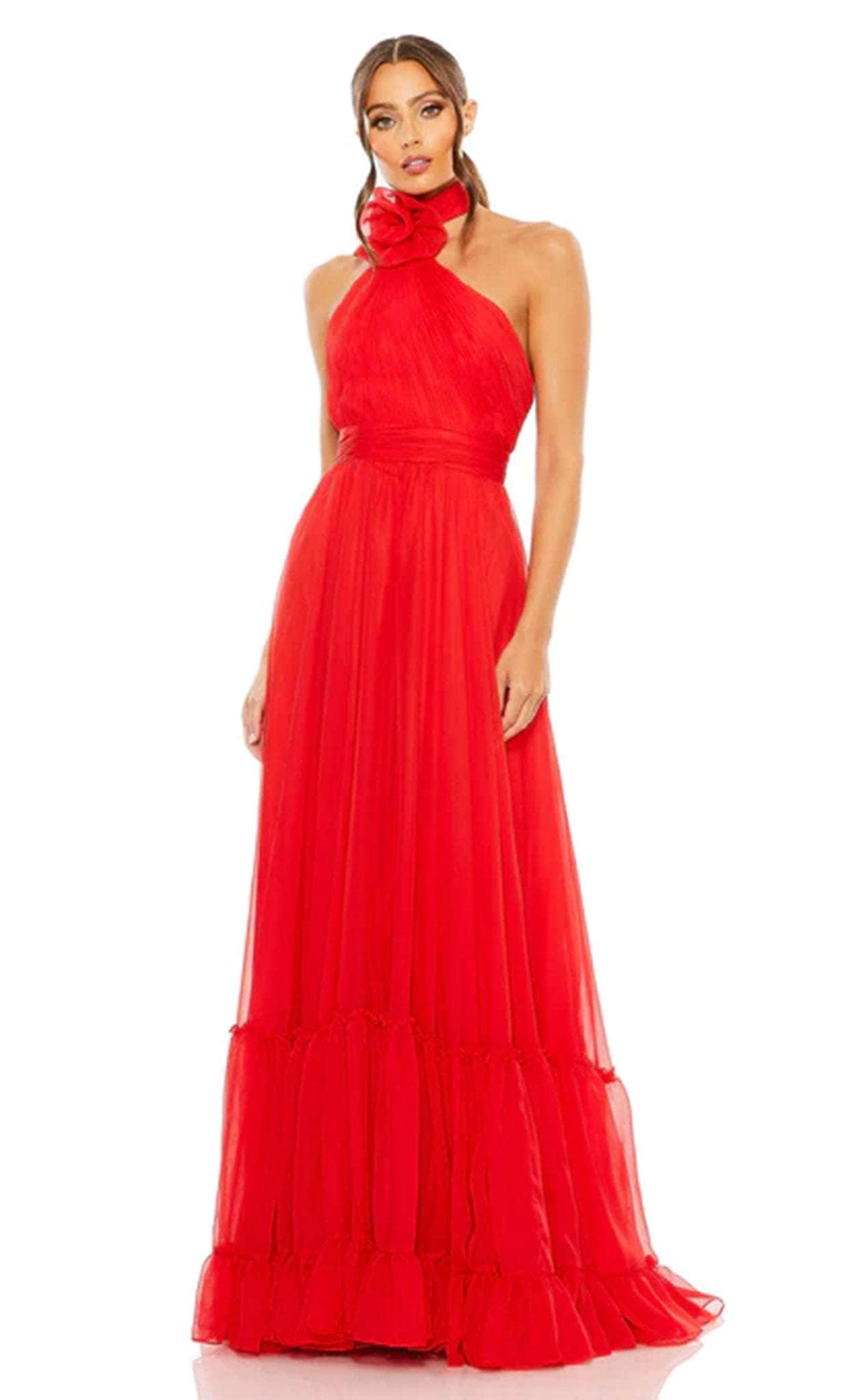 mac duggal red prom dress Red Satin Off The Shoulder Crossover Gown